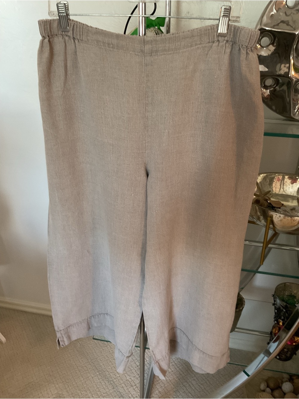 Flax Light Tan Linen Wide-Leg Pull-On Pants cropped. One back pockets.